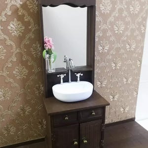 Craftuneed 1:6 Scale Doll Bathroom Sink Cabinet with Mirror Miniature Dollhouse Washstand with Basin furniture
