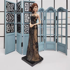 Craftuneed 1:6 scale Dollhouse Wooden Folding Screen Miniature Room Divider, Mirror Panel & Decorative Partition for Fashion Dolls