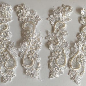 Ivory Floral Beaded Lace Applique: Bridal Sequins Motif Patches (4pcs)
