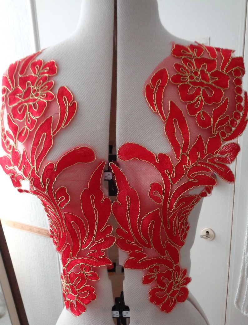 gold red 2 x Floral Lace Applique Bridal Wedding Sequined Motifs Black