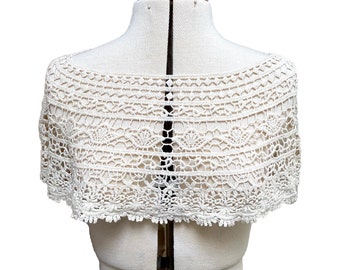 Ivory Cotton Crochet Lace Collar Applique: Floral Embroidered Motif