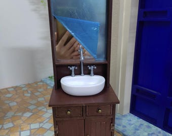 Handmade 1:6 Scale Doll Bathroom Sink Cabinet with Mirror - Miniature Dollhouse Furniture