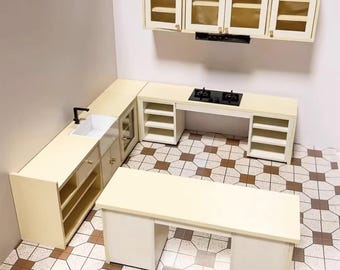 1:12 Poppenhuis Keuken Hele Set Miniatuur Crème Kasten Met Eiland Wastafel Kachel Opbergeenheden Poppenmeubels