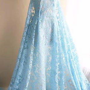 Craftuneed 1 Meter Luxury Sky Blue Floral Embroidered Lace Tulle Fabric with Scalloped Edges for Dressmaking & DIY Projects