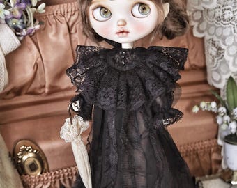 Edwardian Black Lace Doll Dress With Hat: Gothic BJD Outfit, 1/6