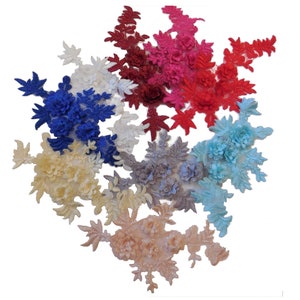 Könnte beinhalten: Sortiment von zehn floralen Spitzenapplikationen in verschiedenen Farben, darunter Weiß, Rot, Rosa, Blau, Beige und Hellblau. Jede Applikation zeigt ein zartes Blumenmuster mit filigranen Details.