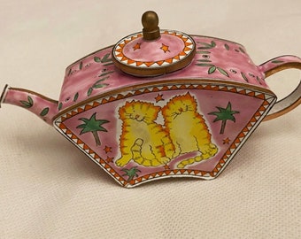 Trade Plus Aid Twins Cats Pink Teapot Hand paint Enamel Limited Edition Collectable