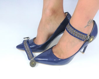 Detachable straps for heels or wedge shoes. Adjustable straps for loose shoes, blue and gold shoe trims.