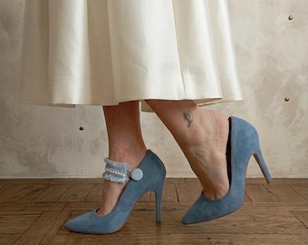 Tiras de tul azul para tacones, con perlas, pedrería y ribete de gasa - Accesorios para zapatos de novia o fiesta