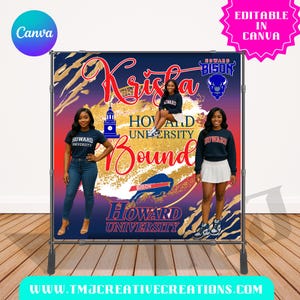 May include: A backdrop featuring the text "Krista" in gold script, with "Howard University Bound" and the Bison logo. Three people are posing in front of the backdrop. The backdrop has a navy blue, gold, and purple color scheme.