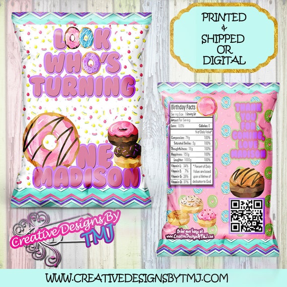 Digital File Donut Theme Chip Bag Party Favor Party Printables Donut Chip Bag First Birthday Custom Chip Bag Printed