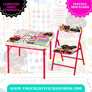 May include: A pink children's table and chair set with a colorful learning theme. The table and chair are decorated with a girl's name, "Alicia", and various educational elements like numbers, letters, shapes, and colors. The table has a personalized inscription, "Alicia Thompson".