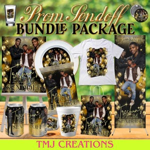 May include: A collection of party supplies with a prom theme. Includes a white t-shirt, a tote bag, a banner, a plate, a shot glass, a can, a cup, and a chip bag. The text "Prom Sendoff" is visible.