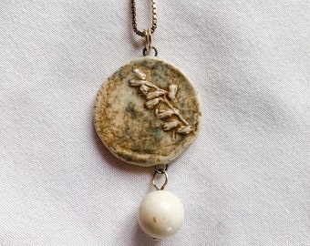Gepresste Blume Keramik Anhänger Halskette (Sterling Silber Kette)