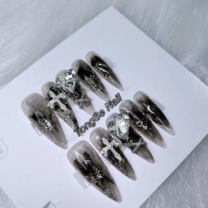 Black Glitter Press On Nails white Rhinestone/pearl cross nials/ Locked Heart Chain Gel Nails/Reusable Nails/Goth Fake nails #74