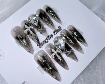 Black Glitter Press On Nails white Rhinestone/pearl cross nials/ Locked Heart Chain Gel Nails/Reusable Nails/Goth Fake nails #74