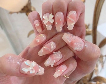 Light pink Bow and Butterfly Press On Nails/ bouquet Nails/ Cute Light Pink Nails/Pink Elegant Nails/ Wedding Nails/Cute Nails #15