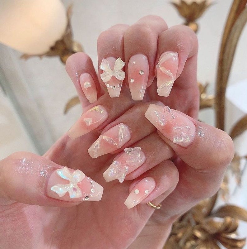Handmade Glitter Press on Nails y2k Full Cover Sticker Korean Ballerina  Japanese nail Manicuree Decoration Nail Arts For Girls