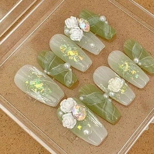 Aquamarine with White Camellia Press On Nails/Camellia bouquet Nails/ Lake Green Nails/Green Elegant Nails/ Cute Nails/Wedding Nails #50