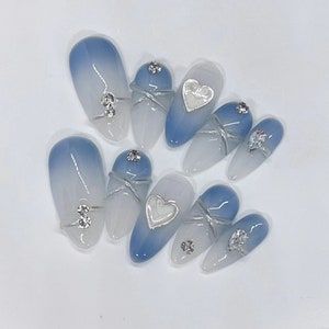 Gray-blue fog ombre and Pearl heart Press On Nails/blue Fancy Nails/Princess Nails/Elegant Nail/ Cute girl Nails/3D nail #22