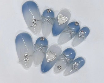 Gray-blue fog ombre and Pearl heart Press On Nails/blue Fancy Nails/Princess Nails/Elegant Nail/ Cute girl Nails/3D nail #22