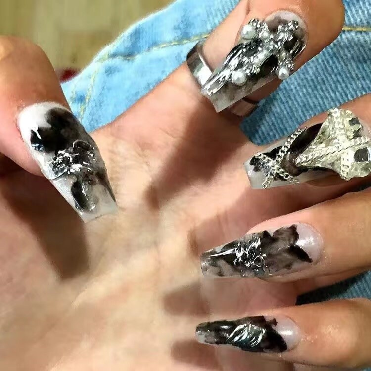 Black Glitter Press on Nails White Rhinestone/pearl Cross - Etsy