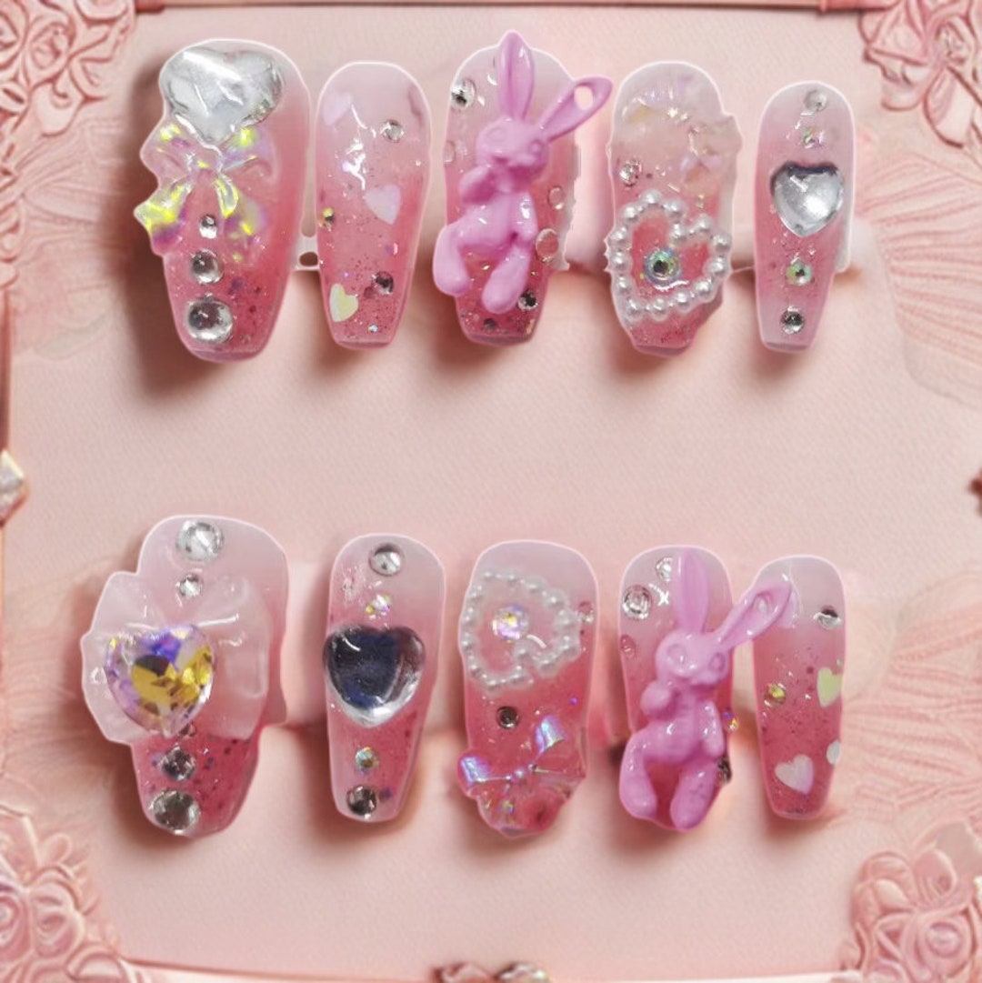 Pink Sparkly Bunny Heart Press on Nails Kawaii Nails Pink - Etsy