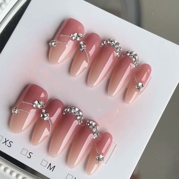 Luxury nude and rose Ombré pink Shine Rhinestones Press On Nails/ Elegant Nails #420