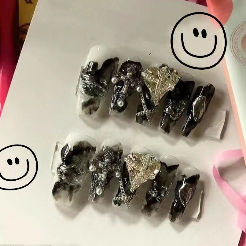 Black Glitter Press on Nails White Rhinestone/pearl Cross - Etsy