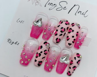 Glitter Pink  polka dots Press On NAILS/ Rhinestone heart CUTE NAILS/Halloween nails/gift for her/Kawaii nails #171