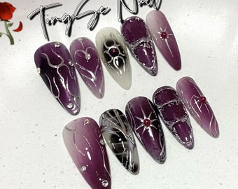 Translucent Ivory Purple Silver Glitter Gothic Metal Press On Nails/ Metal Style Black and Silver Press on Nails/Cool Girls/Y2K Fashion #636