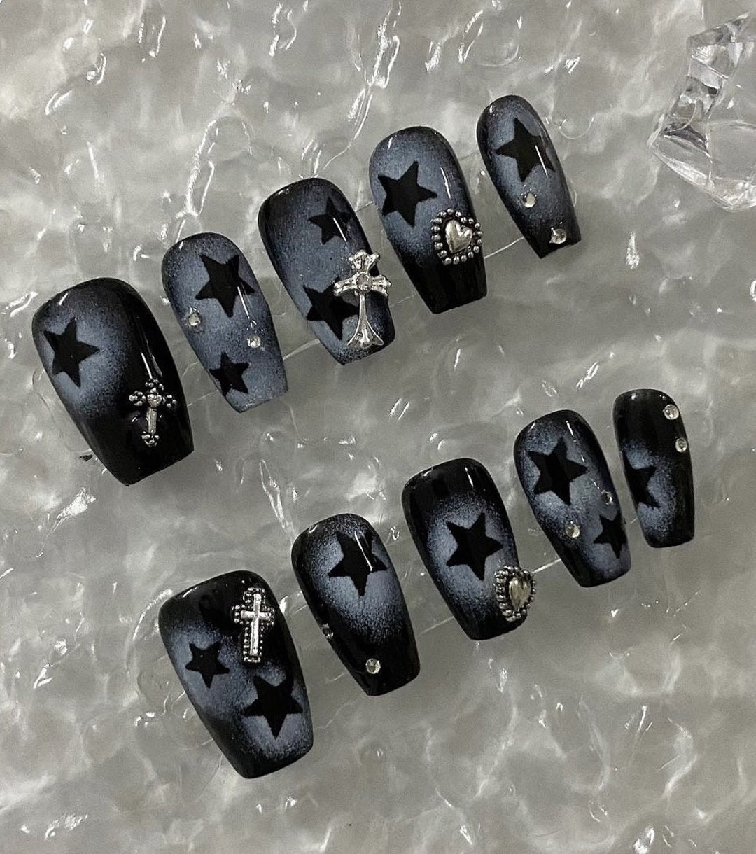 Spray Hollow Out Black Star Press on Nails/ Black Star Nails/ Etsy
