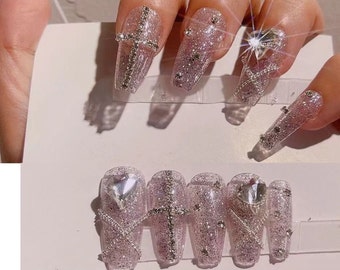 Glitter Pink Lock Heart Press On Nail/ Chain Glossy Luxury Pink Rhinestone/ Glitter Party Festive Nails/Fake nails/False Nails #296