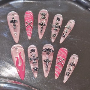 Pink Zebra Gothic Cross Press On Nails/ Pink Gothic and Cute Fake Nails/ Silver Cross Nails/Pink Frame Nails #196