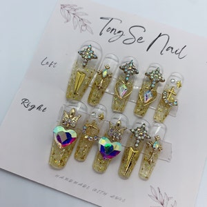 Gold Sailor Moon Press On Nails/Sailor Moon Nails/Gold Glitter Nails Kawaii Nails Fake Nails Long Short Coffin Stiletto Square Oval #124