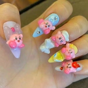 Kirby Inspired Press On Nails / Handmade Y2K Fake Nails/Spring Nails/Nintendo / Y2K Nails Kawaii Nails / Cute Japanese Nails #83