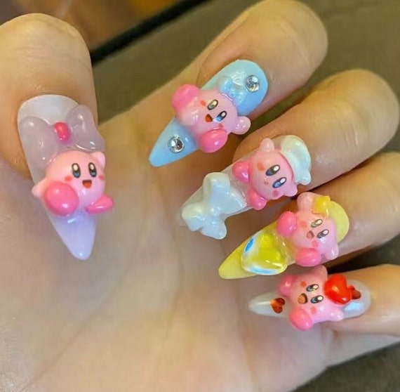 Kirby Inspired Press on Nails / Handmade Y2K Fake Nails/spring Etsy