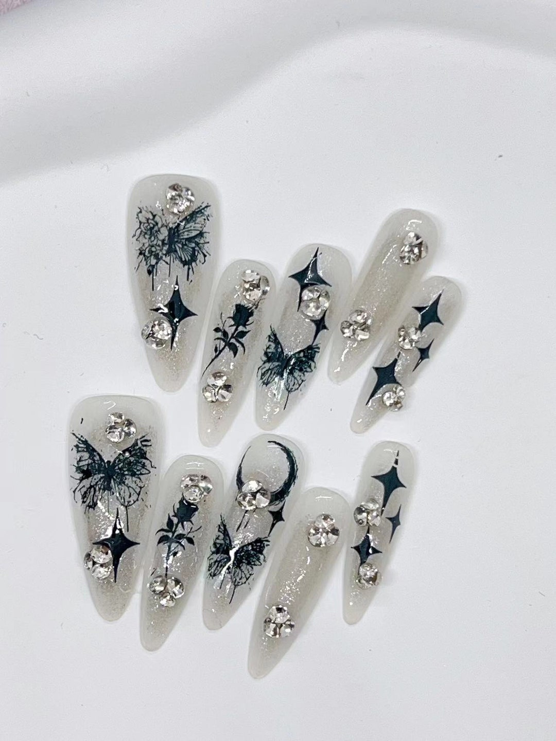 Black Butterfly Press on Nails/ Black Rose Gothic Fake Nails/ Black ...