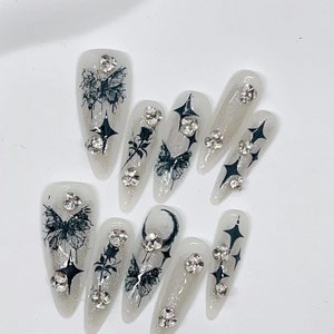 Black Butterfly Press On Nails/ Black Rose Gothic Fake nails/ Black Moon Press On Nails/Black Elegant Halloween Nails | Reusable Nails #7