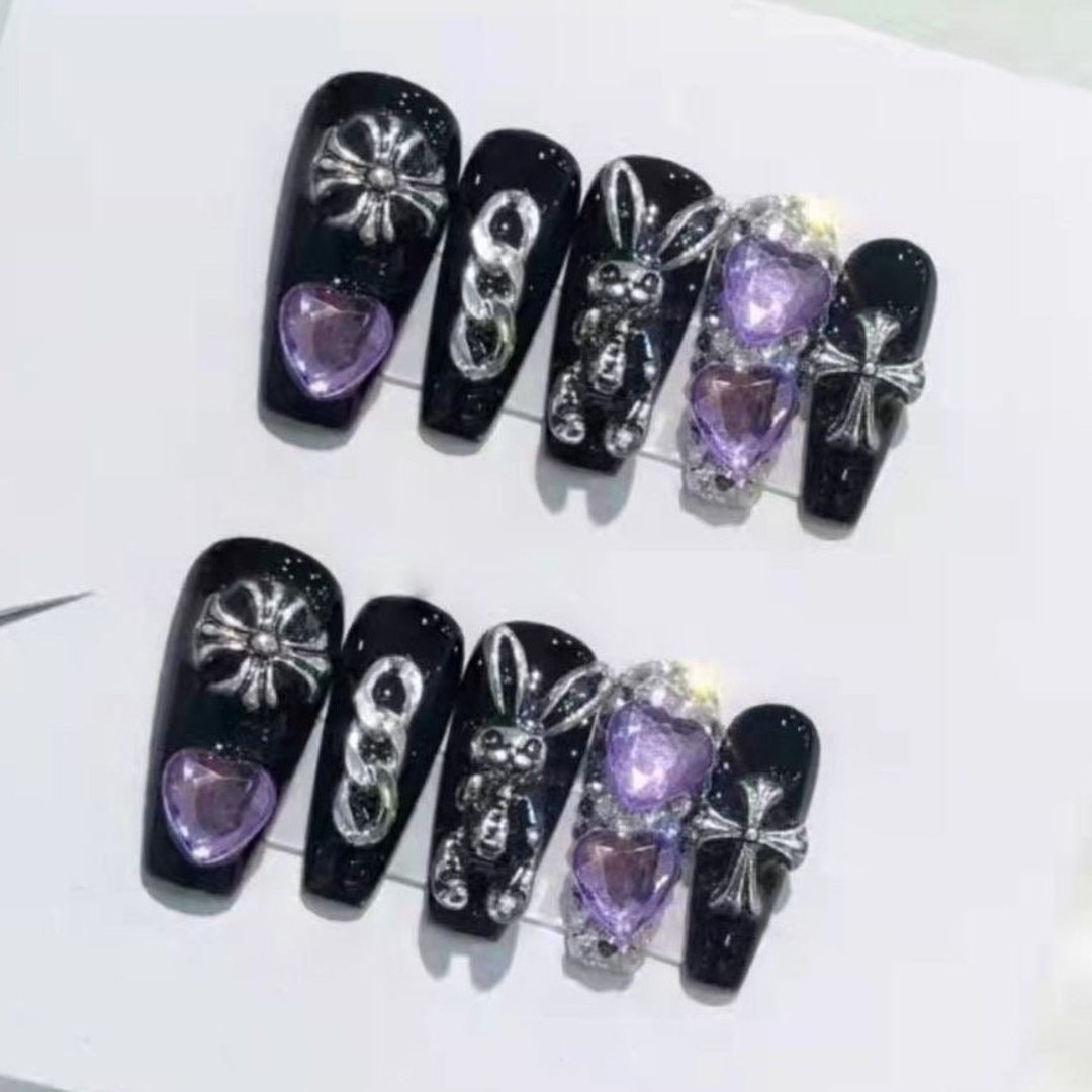 Black and Purple Bunny Press on Nails/ Gothic Bunny Nails/ - Etsy
