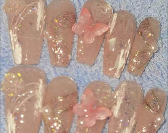 Clear Light Pink Glitter Butterfly Press On Nails/Pink Glitter Nails/Princess Nails/Cute Pink Nails/ Pink Butterfly Nails/ Fairy Nails #16