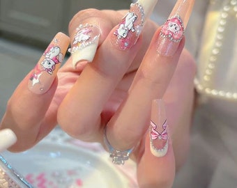 Cute cat Press On Nails/ French Nails/ Kitty Nails #342