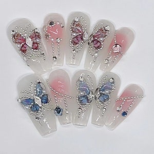 Pink and Blue Mix Butterflies Press On Nails/ Cute Butterflies Fake Nails/ Elegant Nails #394