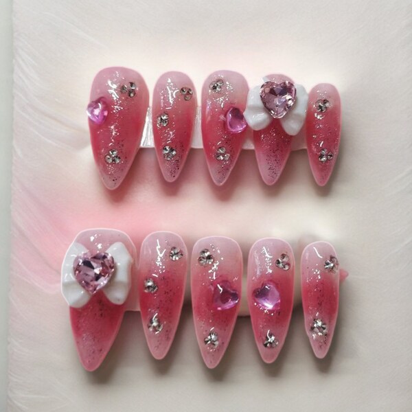 Red pink glitter Press on nails with bow charms/cute nails/kawaii nails/fake nails #179