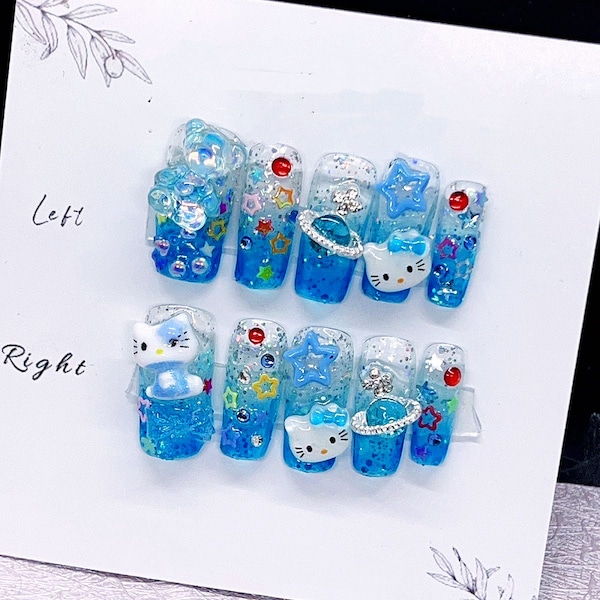 Glitter blue hello Kittyy Press On Nails/ Blue kittyy bear Fake Nails/ Cute Kawaii Nails/ blue world nails #378