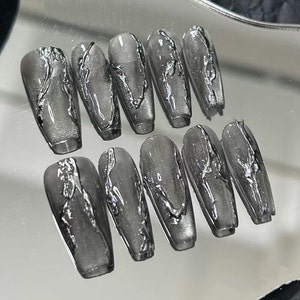 Translucent Black Silver Glitter Gothic Metal Press On Nails/ Metal Style Black and Silver Press on Nails/Cool Girls/Y2K Fashion #93