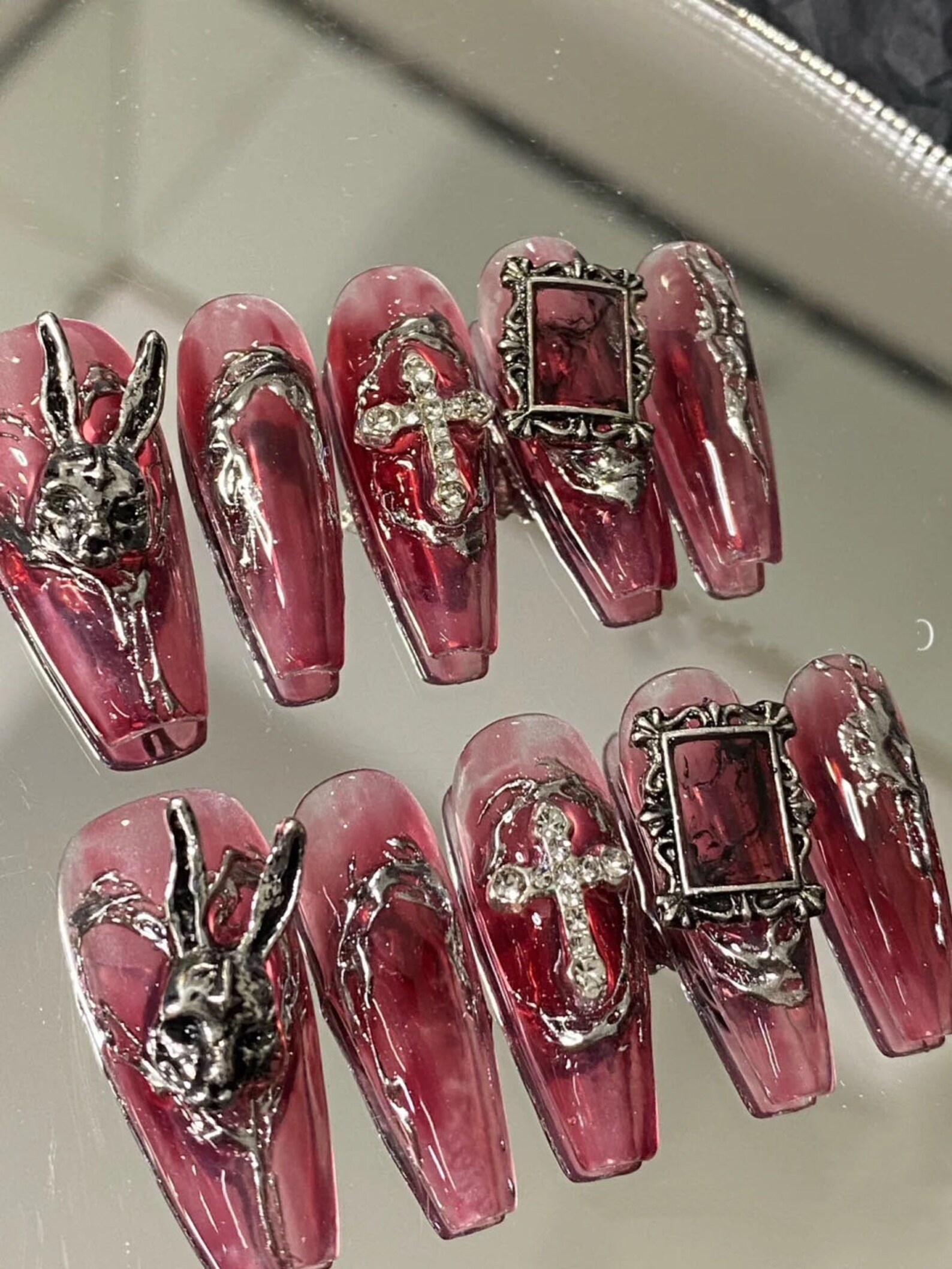Red Bunny Head Press on Nails/ Gothic Bunny Nails/ Red Chrome - Etsy