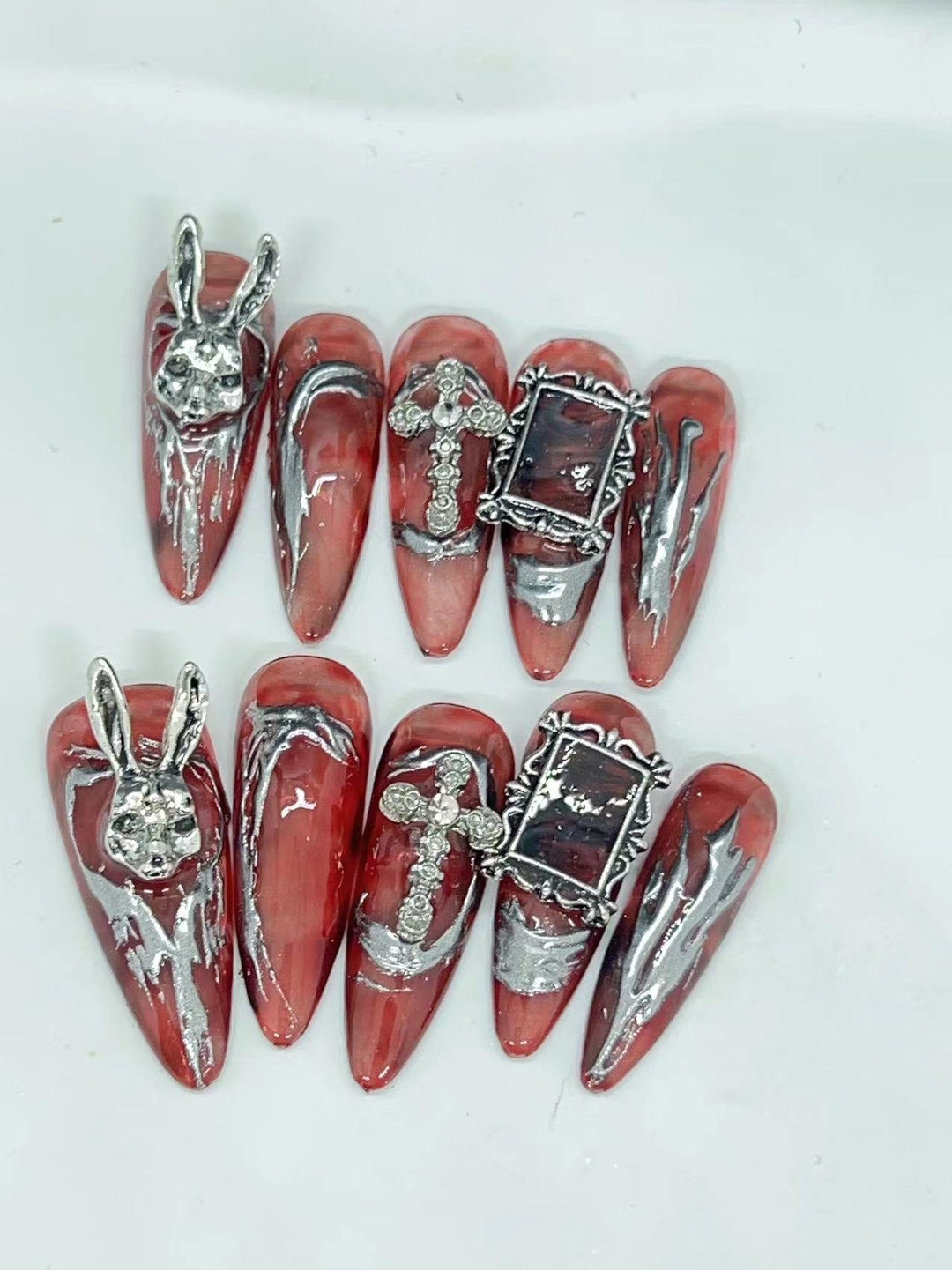Red Bunny Head Press on Nails/ Gothic Bunny Nails/ Red Chrome Cross ...