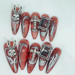 Red Bunny Head Press On Nails/ Gothic Bunny Nails/ Red Chrome Cross Fake Nails/Coffin Gothic Party Festive Hand Painted Nails #51