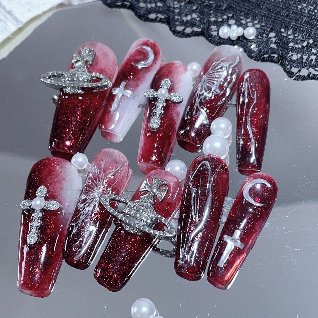 Luxury Blood Red Gothic Press on Nails/ Punk and Gothic Fake Nails ...